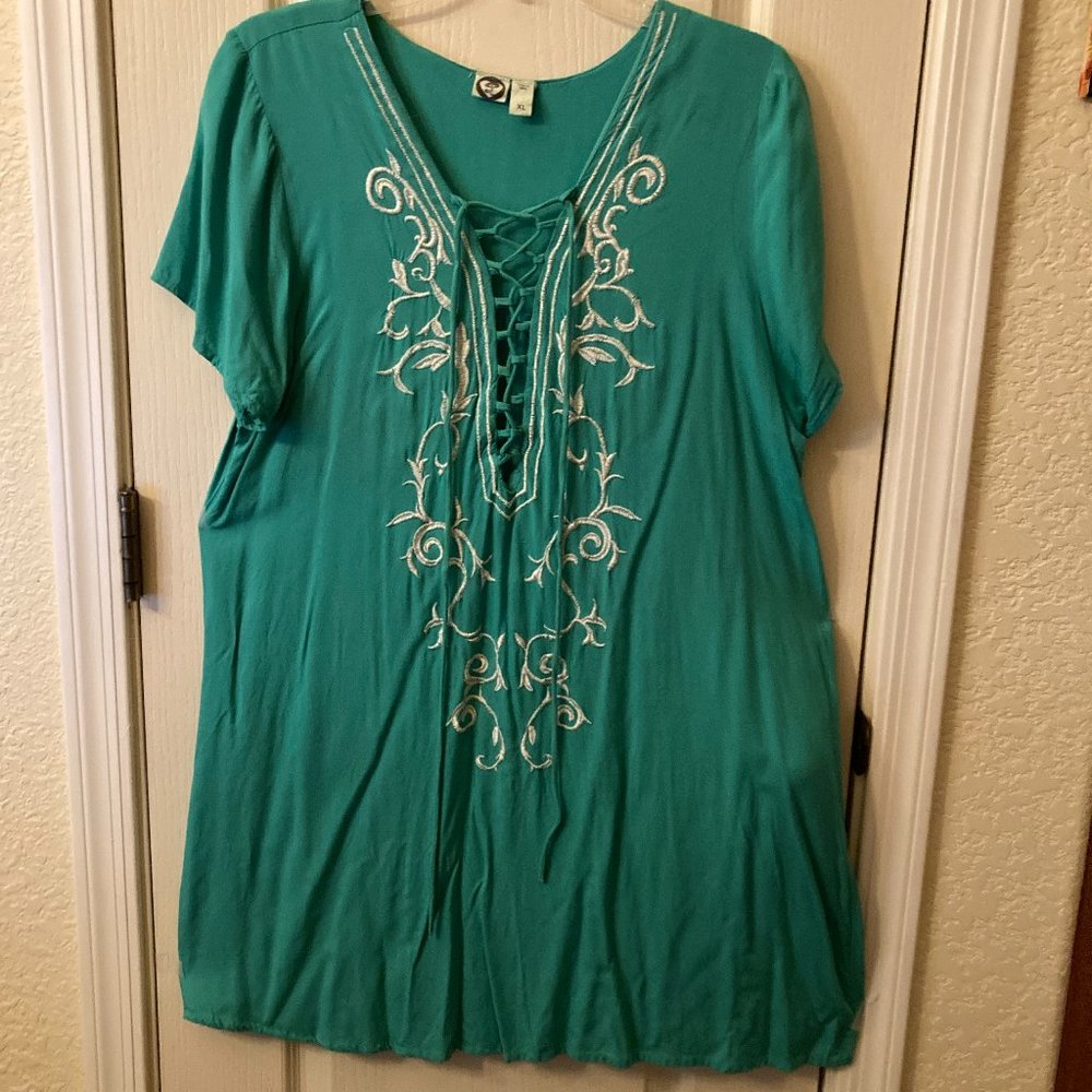 Swimsuit cover-up, Turquoise & White, lace up front, XL